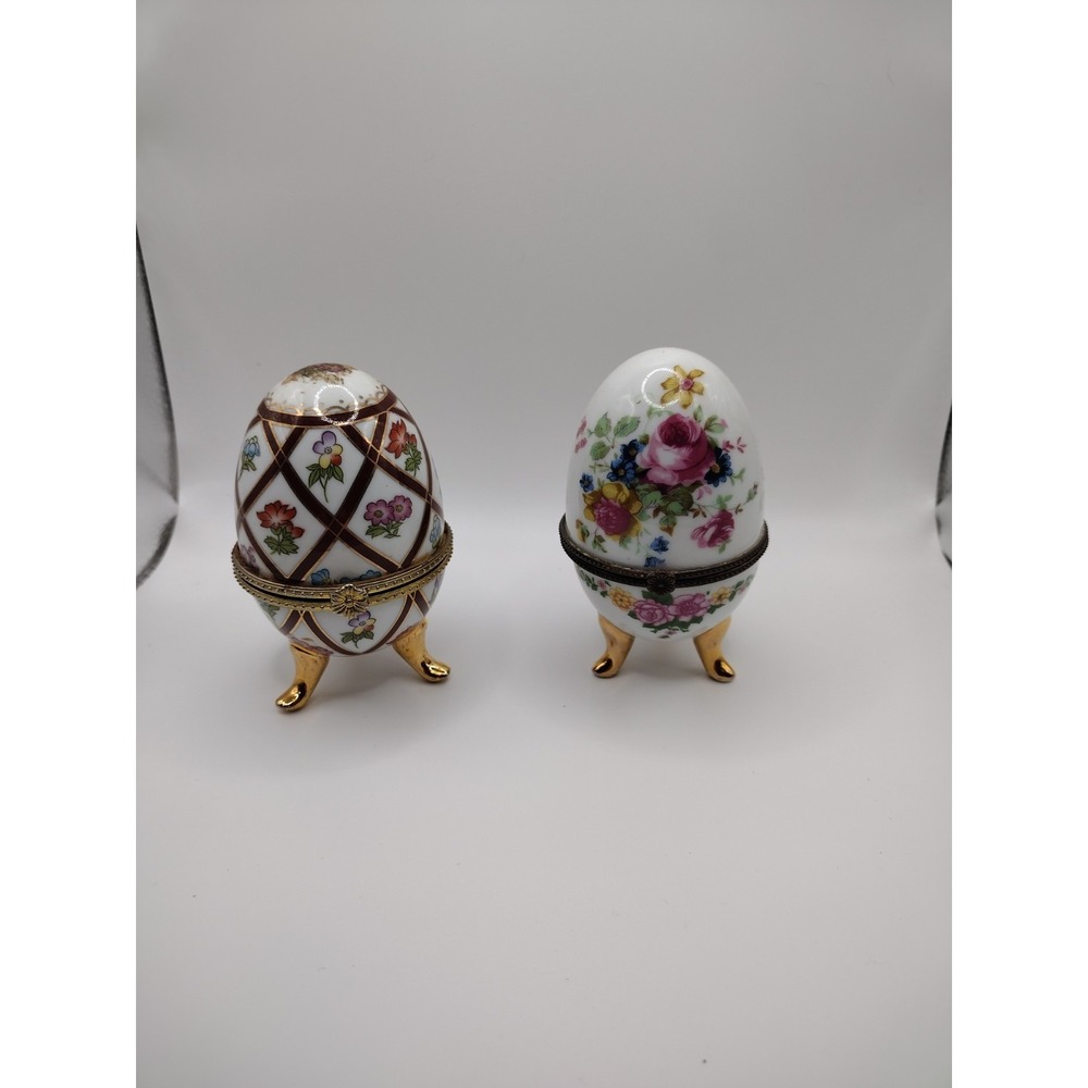 Lot of 2 - Footed Porcelain 4" Egg‎ Shaped Trinket Boxes W/ Gold Trim Accent